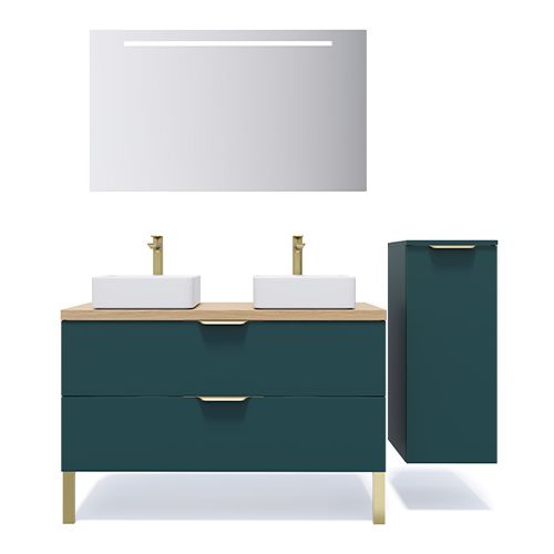 Meuble de salle de bain suspendu 2 vasques à poser 120cm 2 tiroirs Bleu + miroir + colonne ouverture droite - Swing