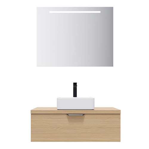 Meuble de salle de bain suspendu vasque à poser 90cm 1 tiroir Chêne clair + miroir - Swing
