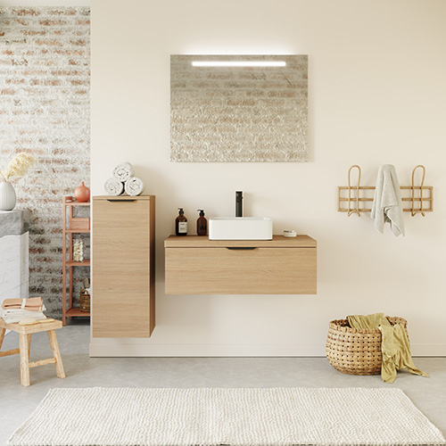 Meuble de salle de bain suspendu vasque à poser 90cm 1 tiroir Chêne clair + miroir - Swing