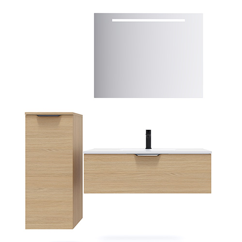 Meuble de salle de bain suspendu vasque intégrée 90cm 1 tiroir Chêne clair + miroir + colonne ouverture gauche - Swing