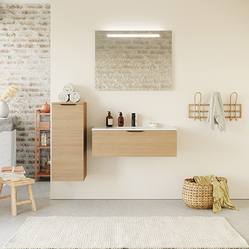 Meuble de salle de bain suspendu vasque intégrée 90cm 1 tiroir Chêne clair + miroir + colonne ouverture gauche - Swing