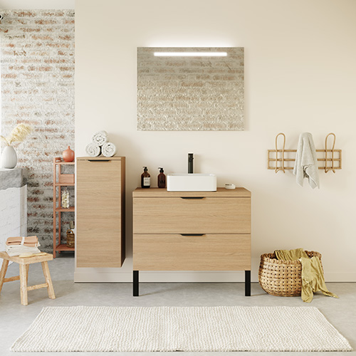 Meuble de salle de bain suspendu vasque à poser 90cm 2 tiroirs Chêne clair + miroir + colonne ouverture gauche - Swing