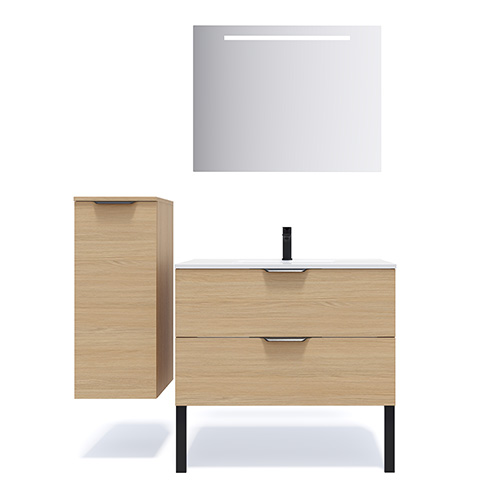 Meuble de salle de bain suspendu vasque intégrée 90cm 2 tiroirs Chêne clair + miroir + colonne ouverture gauche - Swing