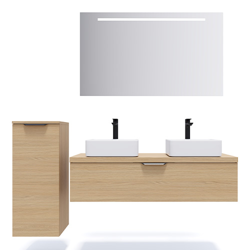 Meuble de salle de bain suspendu 2 vasques à poser 120cm 1 tiroir Chêne clair - Swing