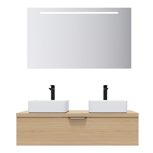 Meuble de salle de bain suspendu 2 vasques à poser 120cm 1 tiroir Chêne clair + miroir - Swing