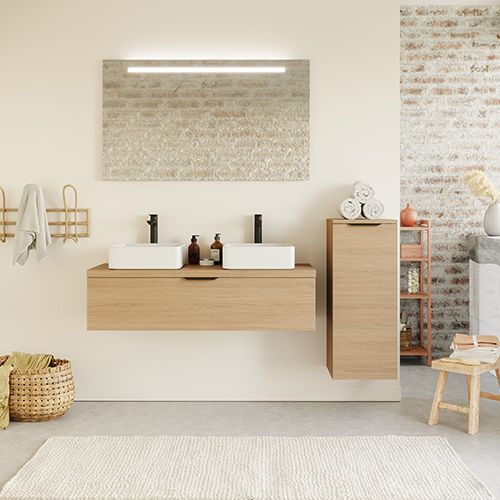 Meuble de salle de bain suspendu 2 vasques à poser 120cm 1 tiroir Chêne clair + miroir + colonne ouverture droite - Swing