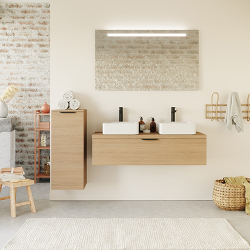 Meuble de salle de bain suspendu 2 vasques à poser 120cm 1 tiroir Chêne clair + miroir + colonne ouverture gauche - Swing