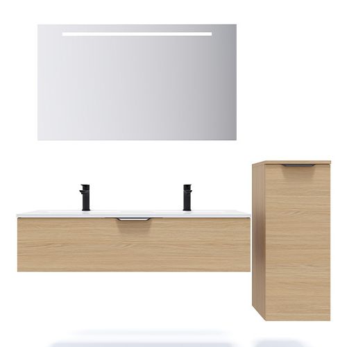 Meuble de salle de bain suspendu double vasque intégrée 120cm 1 tiroir Chêne clair + miroir + colonne ouverture droite - Swing
