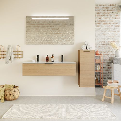 Meuble de salle de bain suspendu double vasque intégrée 120cm 1 tiroir Chêne clair + miroir + colonne ouverture droite - Swing