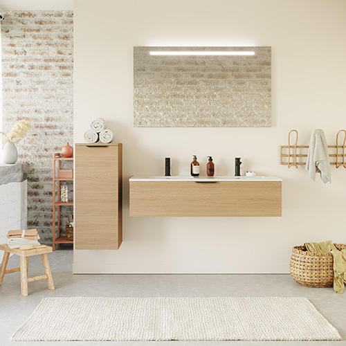 Meuble de salle de bain suspendu double vasque intégrée 120cm 1 tiroir Chêne clair + miroir + colonne ouverture gauche - Swing