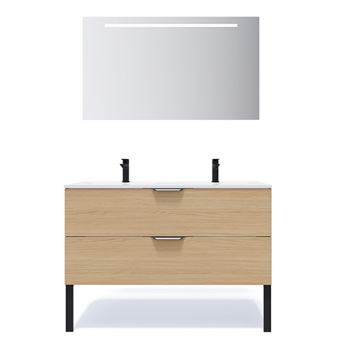 Meuble de salle de bain suspendu double vasque intégrée 120cm 2 tiroirs Chêne clair + miroir - Swing