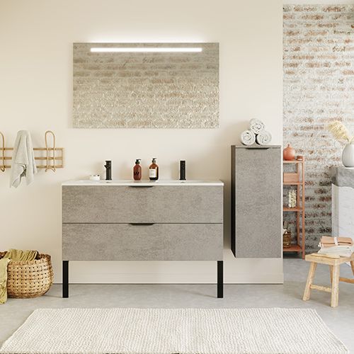 Meuble de salle de bain suspendu double vasque intégrée 120cm 2 tiroirs façon Béton + miroir + colonne ouverture droite - Swing