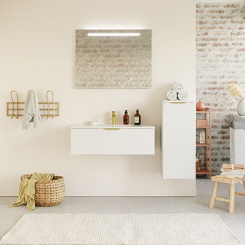 Meuble de salle de bain suspendu vasque intégrée 90cm 1 tiroir Blanc + miroir + colonne ouverture droite - Swing