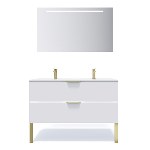 Meuble de salle de bain suspendu double vasque intégrée 120cm 2 tiroirs Blanc + miroir - Swing