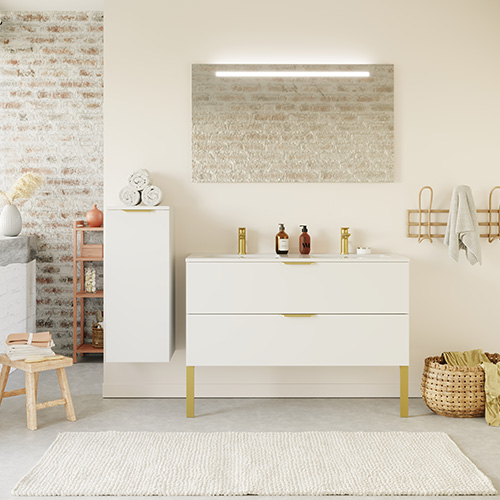 Meuble de salle de bain suspendu double vasque intégrée 120cm 2 tiroirs Blanc + miroir + colonne ouverture gauche - Swing