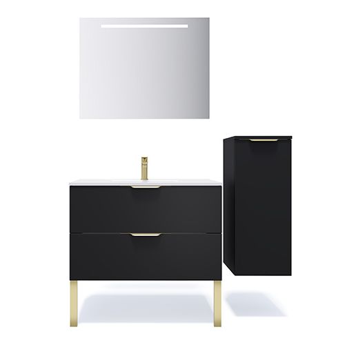 Meuble de salle de bain suspendu vasque intégrée 90cm 2 tiroirs Noir + miroir + colonne ouverture droite - Swing