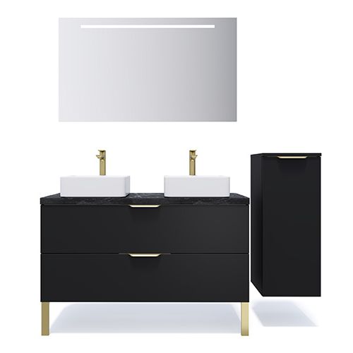 Meuble de salle de bain suspendu 2 vasques à poser 120cm 2 tiroirs Noir + miroir + colonne ouverture droite - Swing