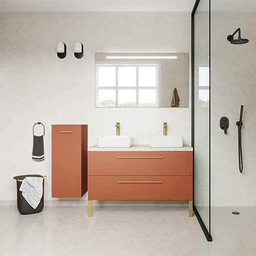 Meuble de salle de bain suspendu 2 vasques à poser 120cm 2 tiroirs Terracotta + miroir - Osmose