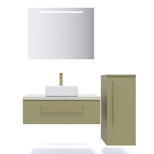 Meuble de salle de bain suspendu vasque à poser 90cm 1 tiroir Vert olive + miroir + colonne ouverture droite - Osmose