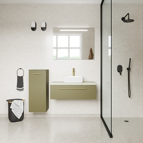 Meuble de salle de bain suspendu vasque à poser 90cm 1 tiroir Vert olive + miroir + colonne ouverture gauche - Osmose