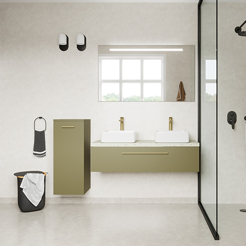 Meuble de salle de bain suspendu 2 vasques à poser 120cm 1 tiroir Vert olive + miroir - Osmose