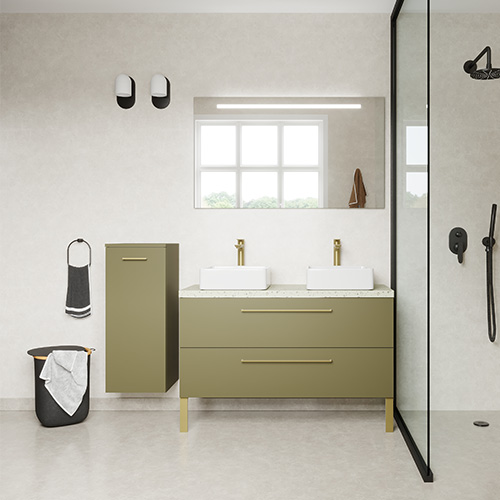 Meuble de salle de bain suspendu 2 vasques à poser 120cm 2 tiroirs Vert olive + miroir + colonne ouverture gauche - Osmose