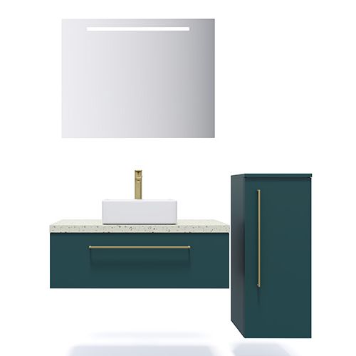 Meuble de salle de bain suspendu vasque à poser 90cm 1 tiroir Bleu + miroir + colonne ouverture droite - Osmose