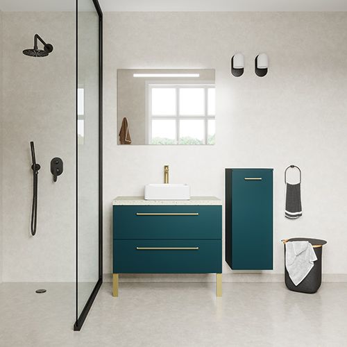 Meuble de salle de bain suspendu vasque à poser 90cm 2 tiroirs Bleu + miroir + colonne ouverture droite - Osmose