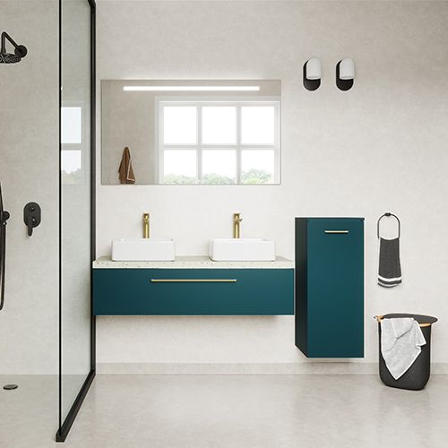 Meuble de salle de bain suspendu 2 vasques à poser 120cm 1 tiroir Bleu + miroir + colonne ouverture droite - Osmose