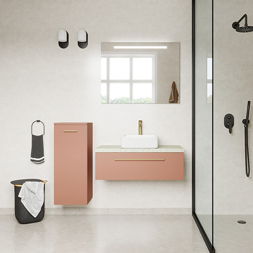 Meuble de salle de bain suspendu vasque à poser 90cm 1 tiroir Abricot + miroir - Osmose