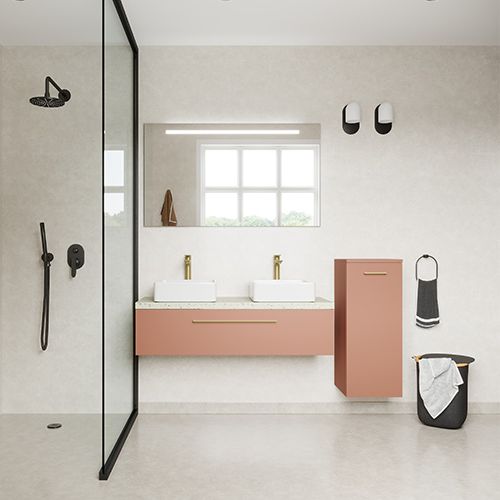 Meuble de salle de bain suspendu 2 vasques à poser 120cm 1 tiroir Abricot + miroir + colonne ouverture droite - Osmose