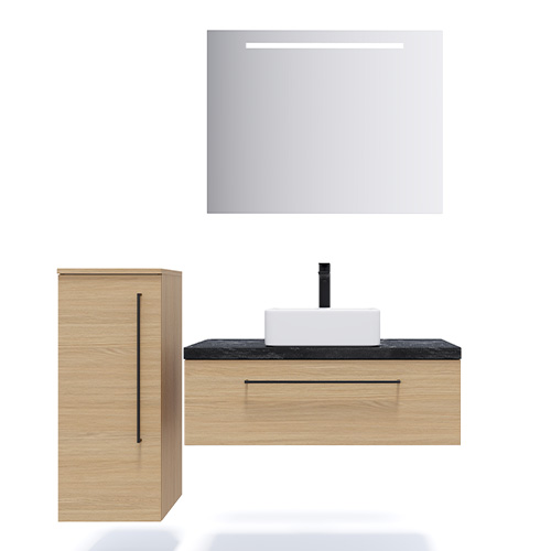 Meuble de salle de bain suspendu vasque à poser 90cm 1 tiroir Chêne clair + miroir + colonne ouverture gauche - Osmose