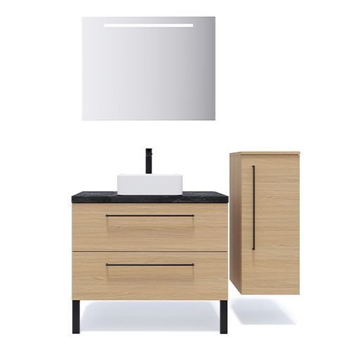 Meuble de salle de bain suspendu vasque à poser 90cm 2 tiroirs Chêne clair + miroir + colonne ouverture droite - Osmose