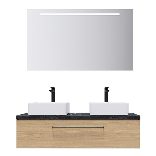 Meuble de salle de bain suspendu 2 vasques à poser 120cm 1 tiroir Chêne clair + miroir - Osmose