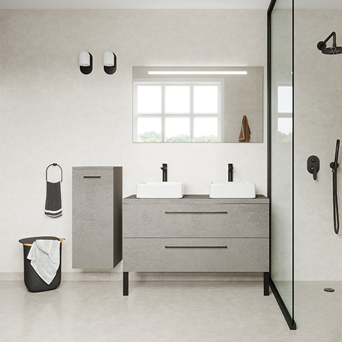 Meuble de salle de bain suspendu 2 vasques à poser 120cm 2 tiroirs façon Béton + miroir - Osmose