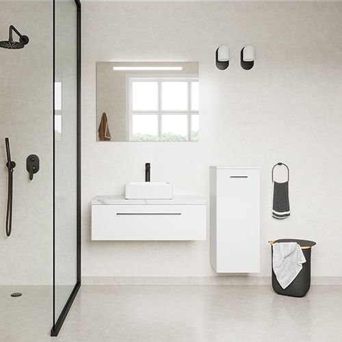 Meuble de salle de bain suspendu vasque à poser 90cm 1 tiroir Blanc + miroir + colonne ouverture droite - Osmose