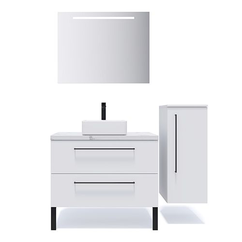Meuble de salle de bain suspendu vasque à poser 90cm 2 tiroirs Blanc + miroir + colonne ouverture droite - Osmose