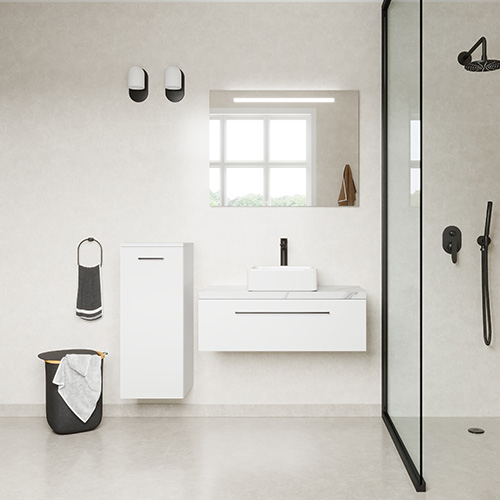 Meuble de salle de bain suspendu vasque à poser 90cm 2 tiroirs Blanc + miroir + colonne ouverture gauche - Osmose