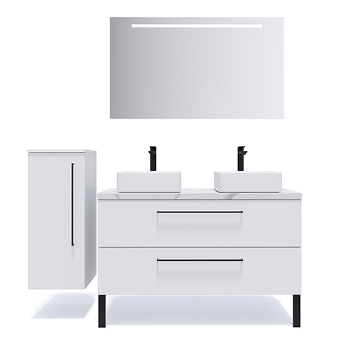 Meuble de salle de bain suspendu 2 vasques à poser 120cm 2 tiroirs Blanc + miroir + colonne ouverture gauche - Osmose