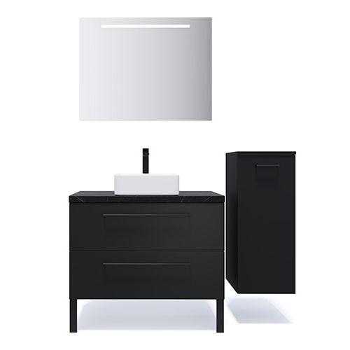 Meuble de salle de bain suspendu vasque à poser 90cm 2 tiroirs Noir + miroir + colonne ouverture droite - Osmose