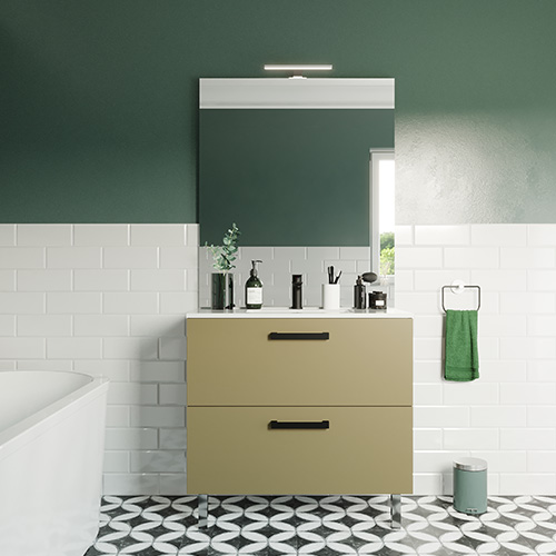 Meuble de salle de bain suspendu avec pieds vasque intégrée 90cm 2 tiroirs Vert olive + miroir - Chango