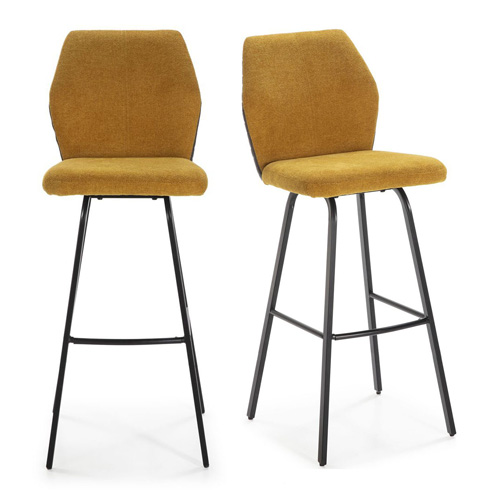 Lot de 2 tabourets de bar en tissu jaune moutarde et simili cuir 75 cm - Garance