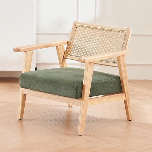 Fauteuil en velours côtelé vert et cannage naturel - Tim