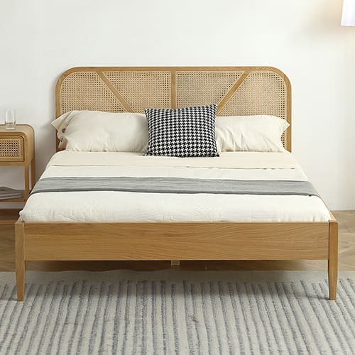 Ensemble lit adulte 140x190 cm placage bois avec tête de lit en cannage Leonie + Matelas mémoire de forme Memo HR