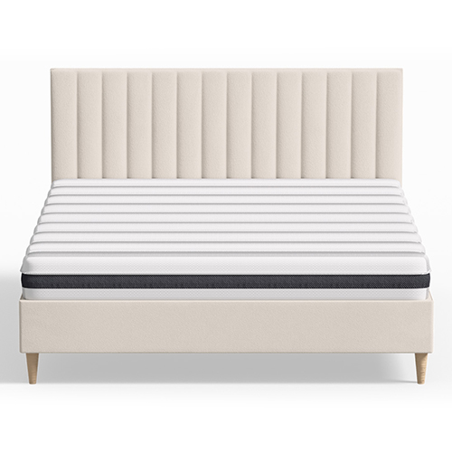 Ensemble lit adulte 140x190 cm en velours beige avec tête de lit matelassée Eliot + Matelas ressorts ensachés Mousse HR