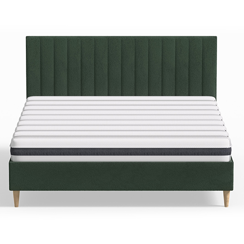 Ensemble lit adulte 140x190 cm en velours vert avec tête de lit matelassée Eliot + Matelas ressorts ensachés Mousse HR