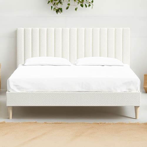 Ensemble lit adulte 140x190 cm en tissu bouclé écru avec tête de lit matelassée Eliot + Matelas ressorts ensachés Mousse HR