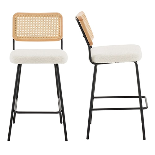 Lot de 2 tabourets de bar en tissu bouclé écru et cannage naturel - Muse