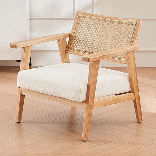 Fauteuil en tissu bouclé écru et cannage naturel - Tim