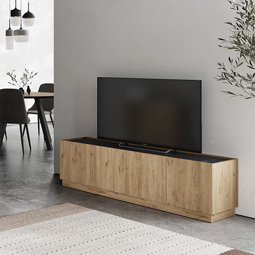 Meuble TV 4 portes effet bois et marbre noir 160 cm - Dilan